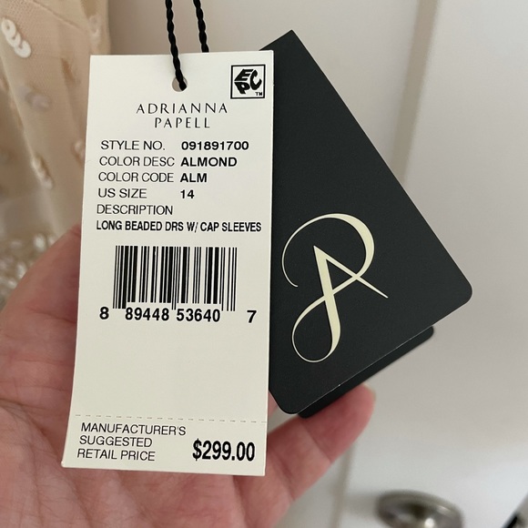 Sz 14 Adrianna Papell beaded chiffon floor-length gown, Almond color, NWT - Picture 3 of 15